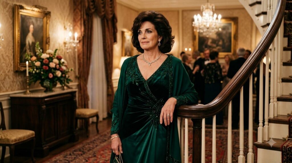 Linda Gray as Sue Ellen Ewing in Dallas looking elegant but pensive