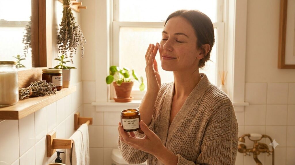 A woman gently applying the homemade Vaseline honey and aloe vera cream to her clean face Her expression is serene and f