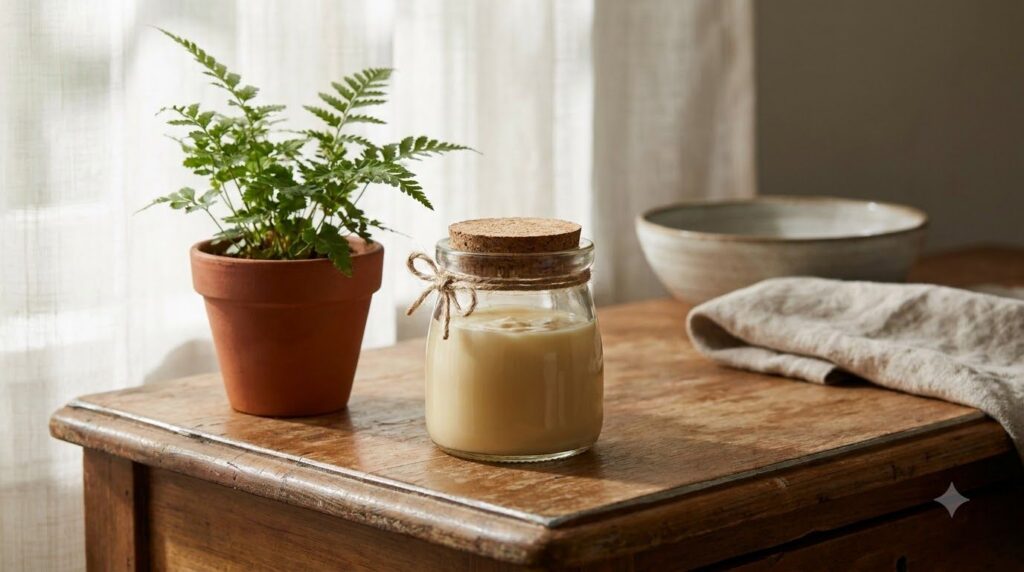 A small clean glass jar filled with the finished homemade Vaseline honey and aloe vera cream placed on a vanity with oth