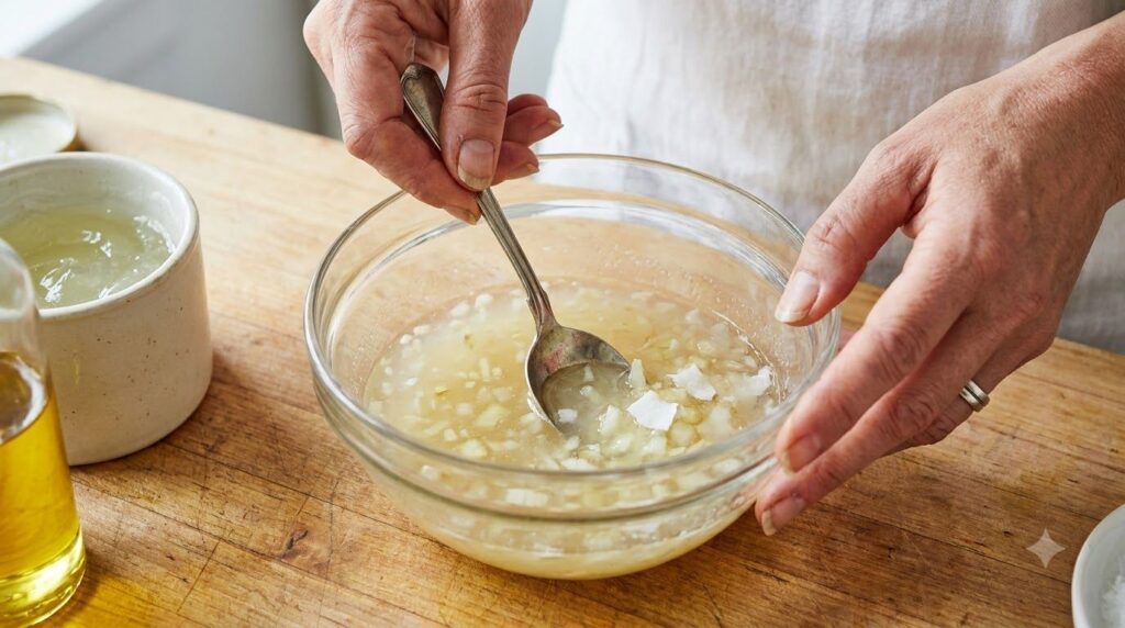 A close-up of hands mixing onion juice aloe vera gel and melted coconut oil in a small glass bowl with a spoon showing t