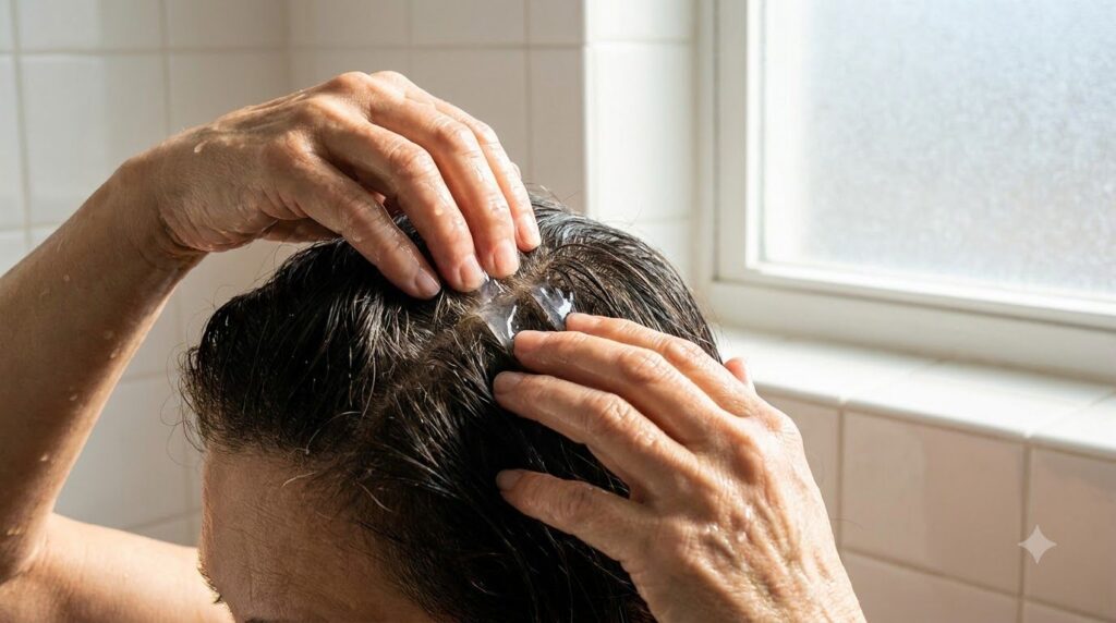 A person gently massaging the DIY onion hair mix into their scalp with their fingertips with a focus on the roots of the