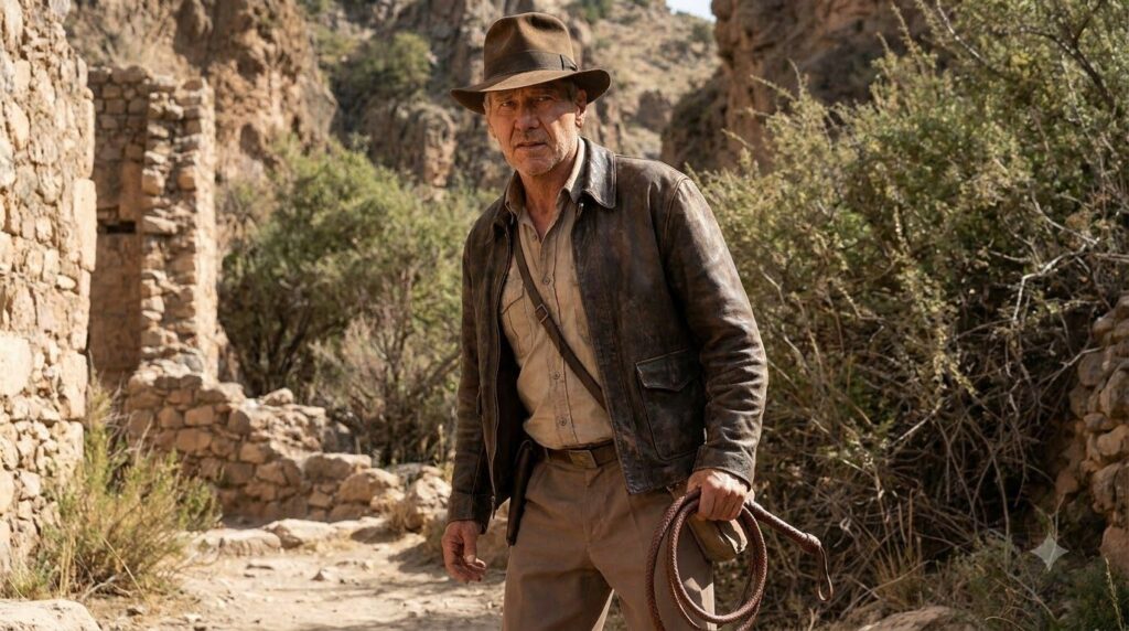 Harrison Ford as Indiana Jones in a classic action pose wearing his fedora and leather jacket