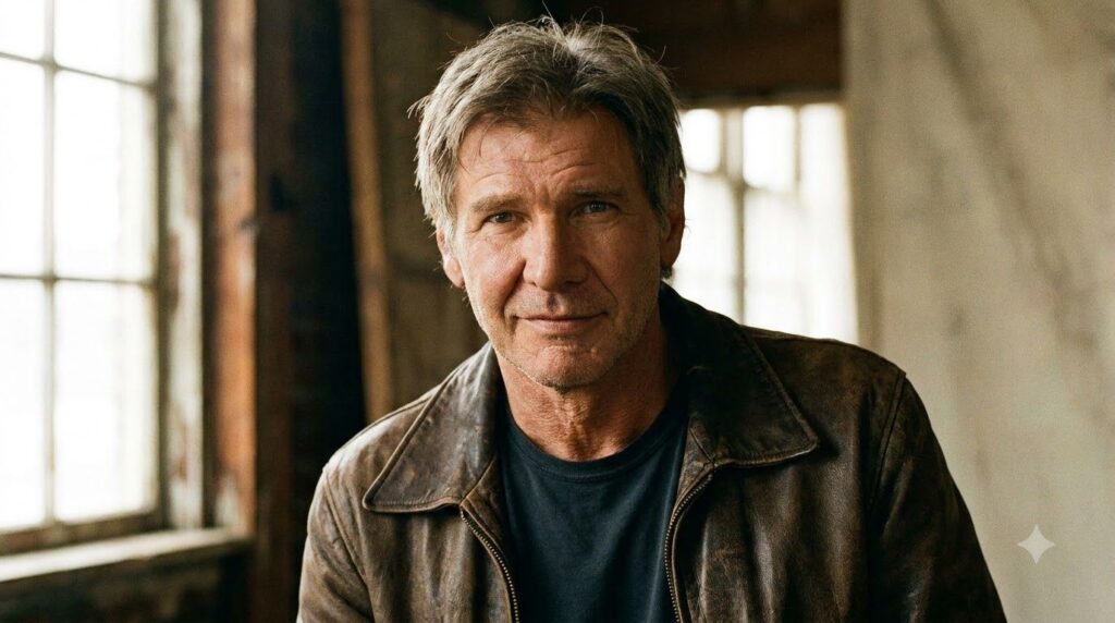 A classic publicity photo of a younger Harrison Ford showcasing his rugged charm