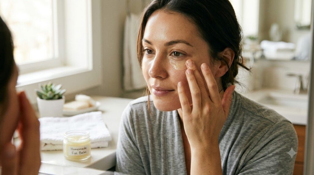 A woman gently applying a small amount of the homemade Vaseline balm to her clean face specifically around her eye area 