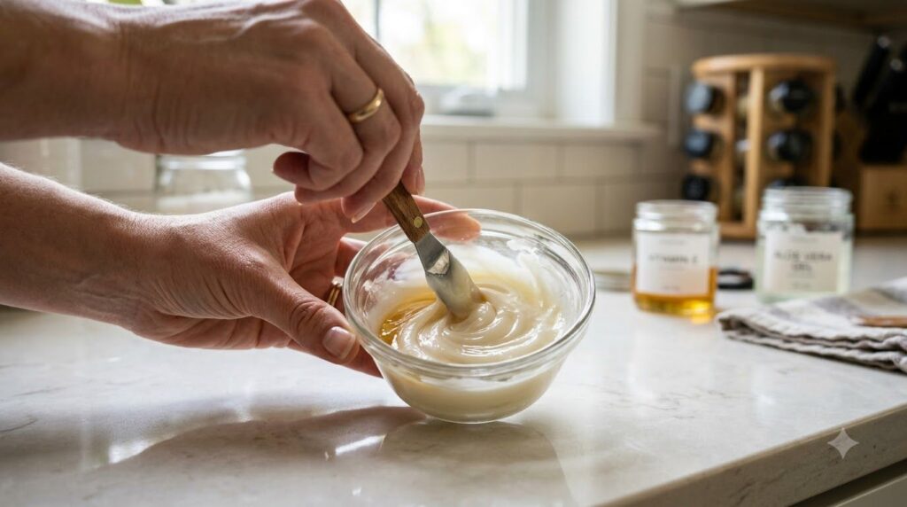 Hands mixing Vaseline Vitamin E oil and aloe vera gel in a small glass bowl with a tiny spatula The ingredients are visi
