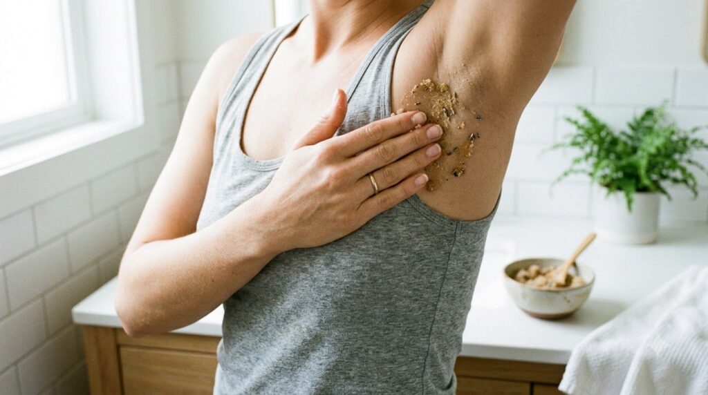 A woman s hand gently applying a homemade scrub to her underarm area illustrating the application process in a clean bat