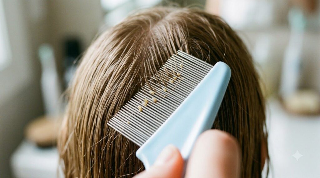 A close-up shot of a fine-toothed nit comb being used to comb through a section of hair showing tiny white nits being ca