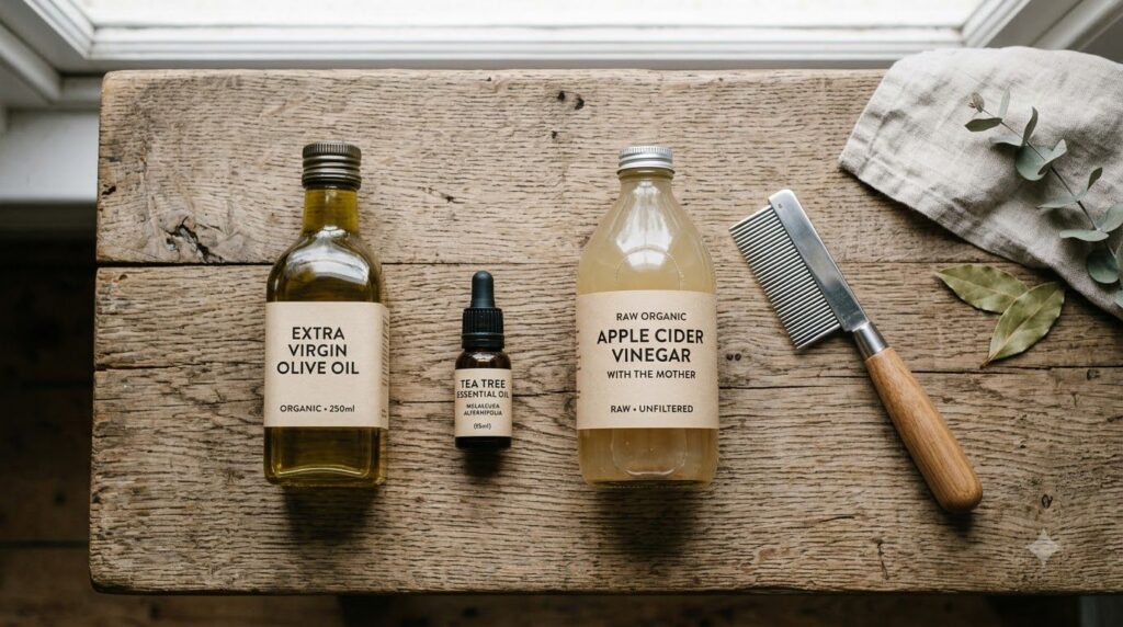 A collection of the natural ingredients used for the lice remedy a bottle of olive oil a small bottle of tea tree essent