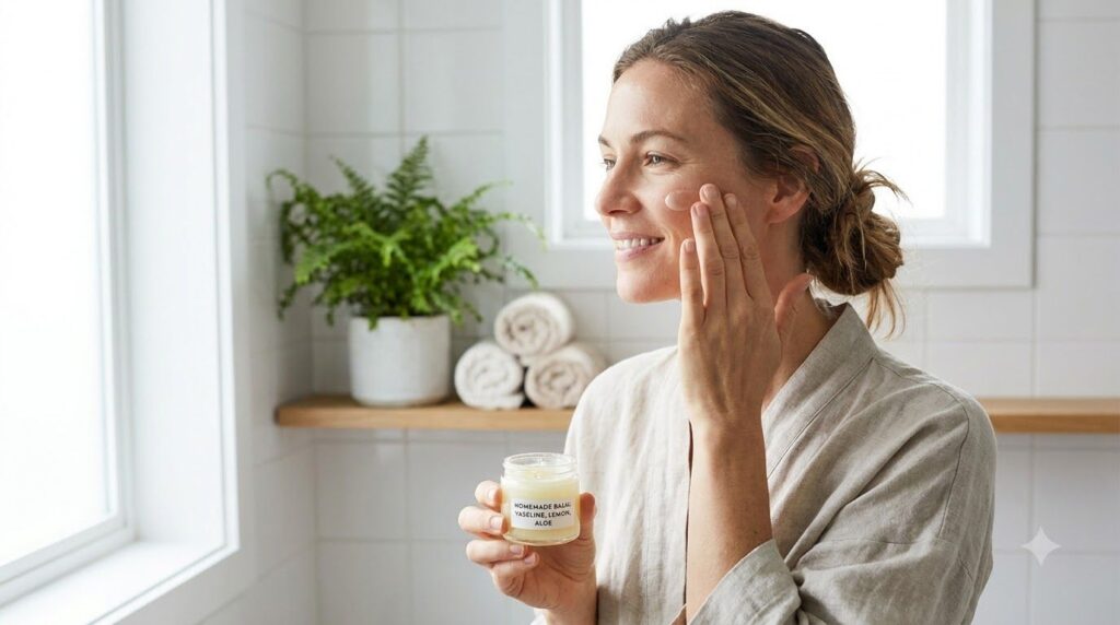 A woman gently applying a thin layer of the homemade Vaseline lemon and aloe vera balm to her face with a soft glowing e