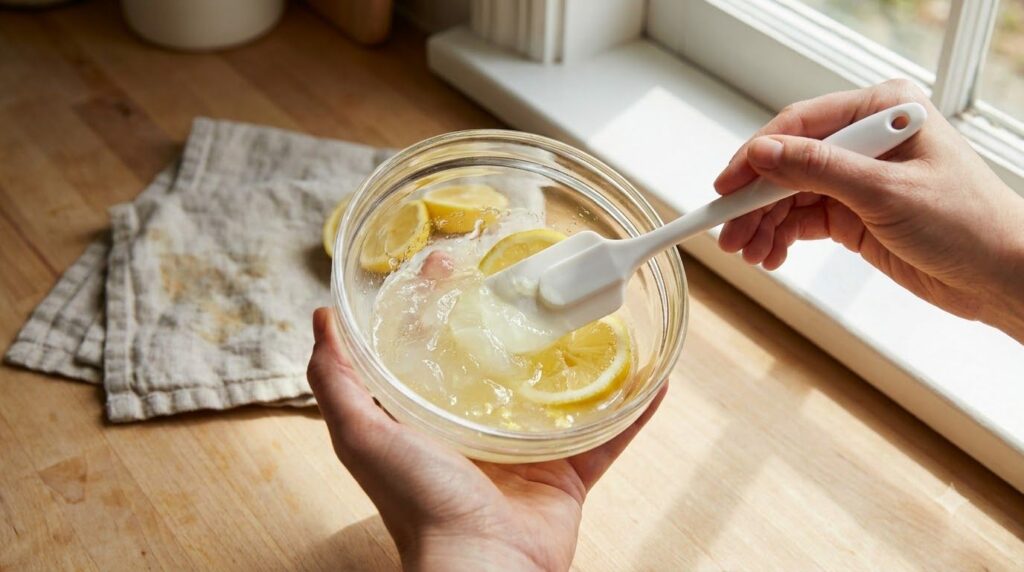 Close-up of a person s hands mixing Vaseline lemon juice and aloe vera gel in a small glass bowl with a spatula