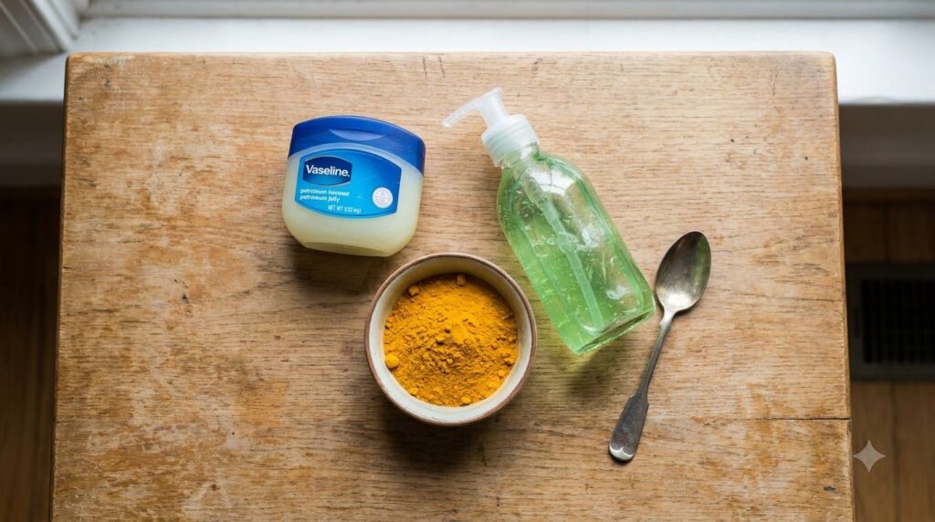 A flat lay of the three main ingredients a small tub of Vaseline a bowl with yellow turmeric powder and a clear bottle o