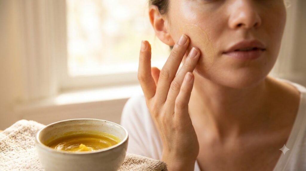 A woman s hands gently applying a thin layer of the yellow Vaseline turmeric mix to her cheek demonstrating the applicat