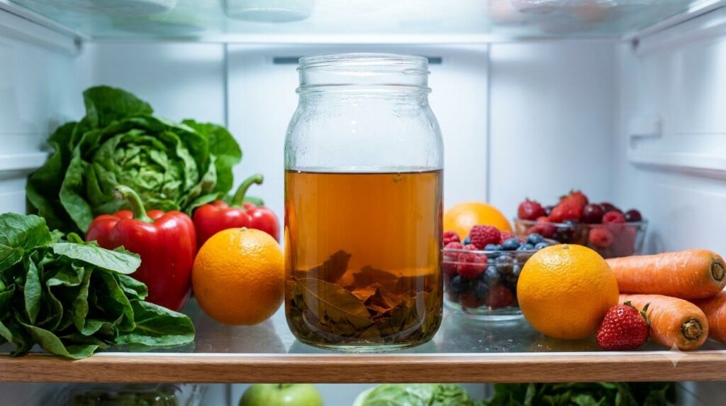 Glass jar with brewed guava leaf tea stored in a refrigerator alongside fresh produce