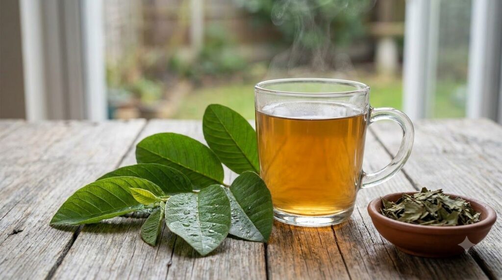 A clear glass mug filled with golden-brown guava leaf tea with a few fresh guava leaves resting beside it on a wooden su