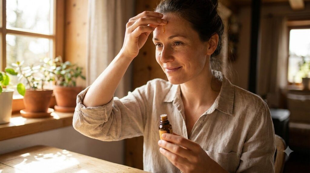 A woman gently massaging a few drops of oil into her face focusing on her forehead and eye area with a soft natural expr