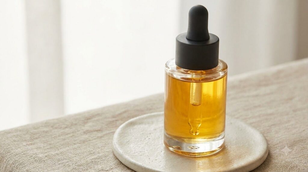 A close-up of a small elegant dropper bottle filled with a golden oil positioned on a smooth neutral-toned surface empha