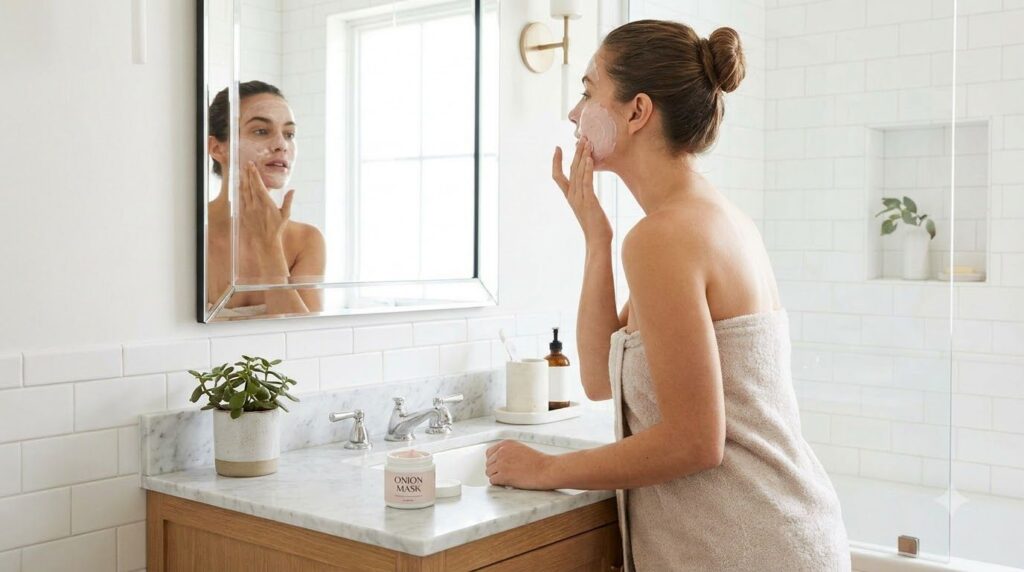 A woman applying a pale pink onion skincare mask to her face with gentle clean hands in a well-lit bathroom