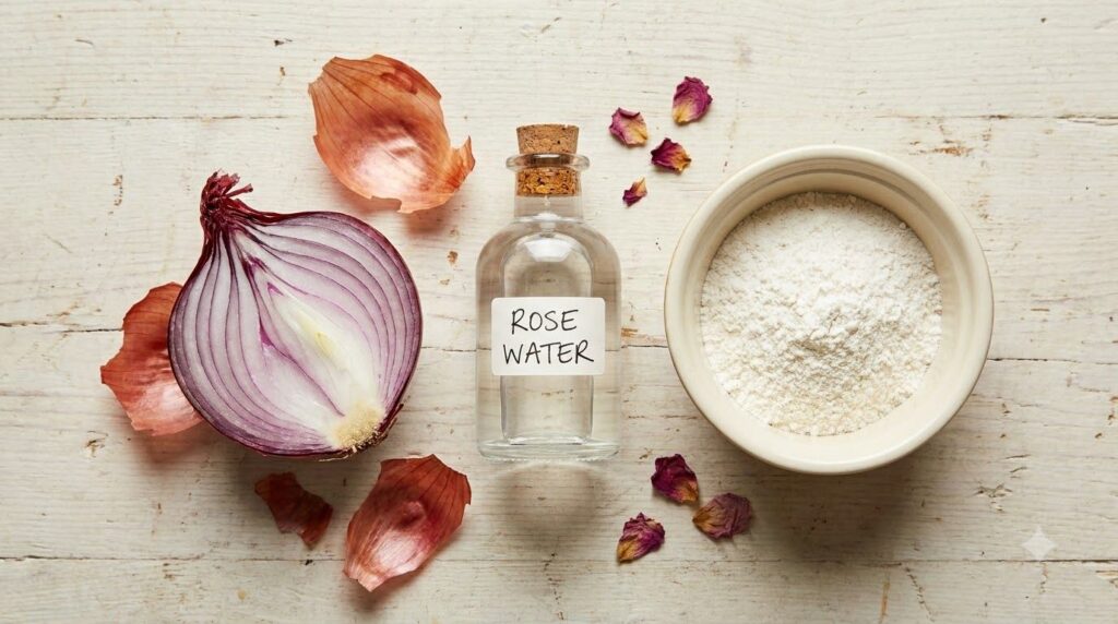 Ingredients for an onion skincare blend a half-cut onion a bottle of rose water and a small bowl of rice flour on a kitc