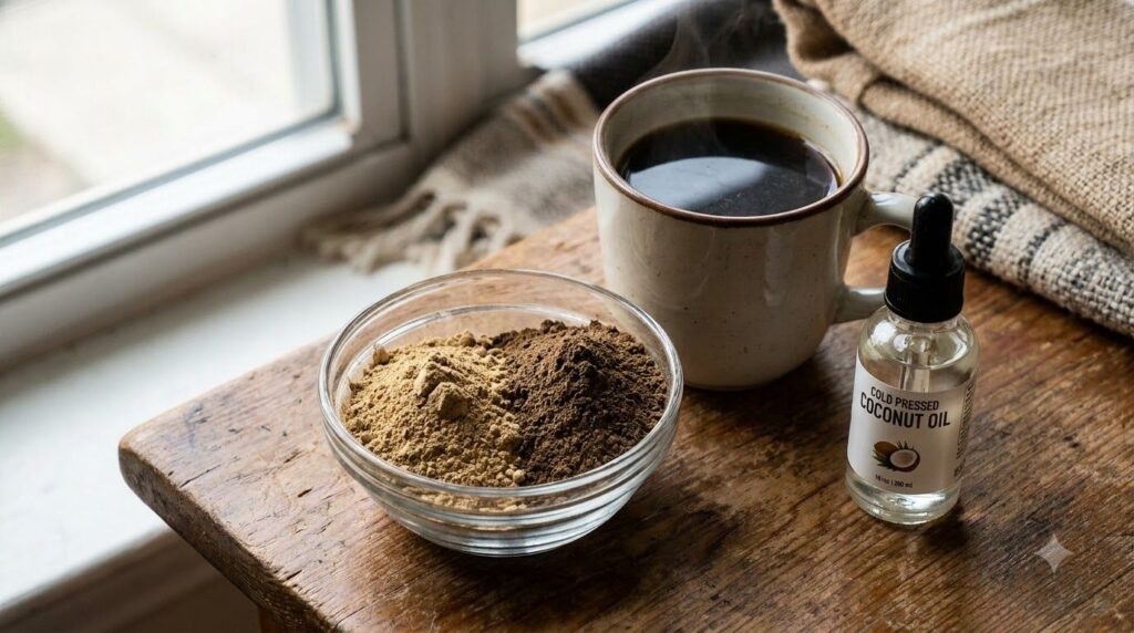 A close-up of a small glass bowl filled with amla and bhringraj powders next to a cup of dark freshly brewed black coffe