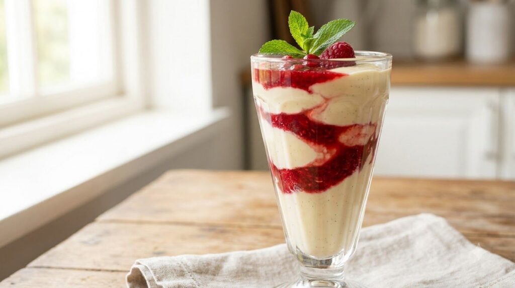 A creamy vanilla custard with a vibrant red berry swirl presented in a clear dessert glass