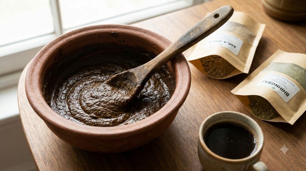Close-up shot of a bowl containing a dark herbal hair paste with a wooden spoon mixing it Ingredients like amla and bhri