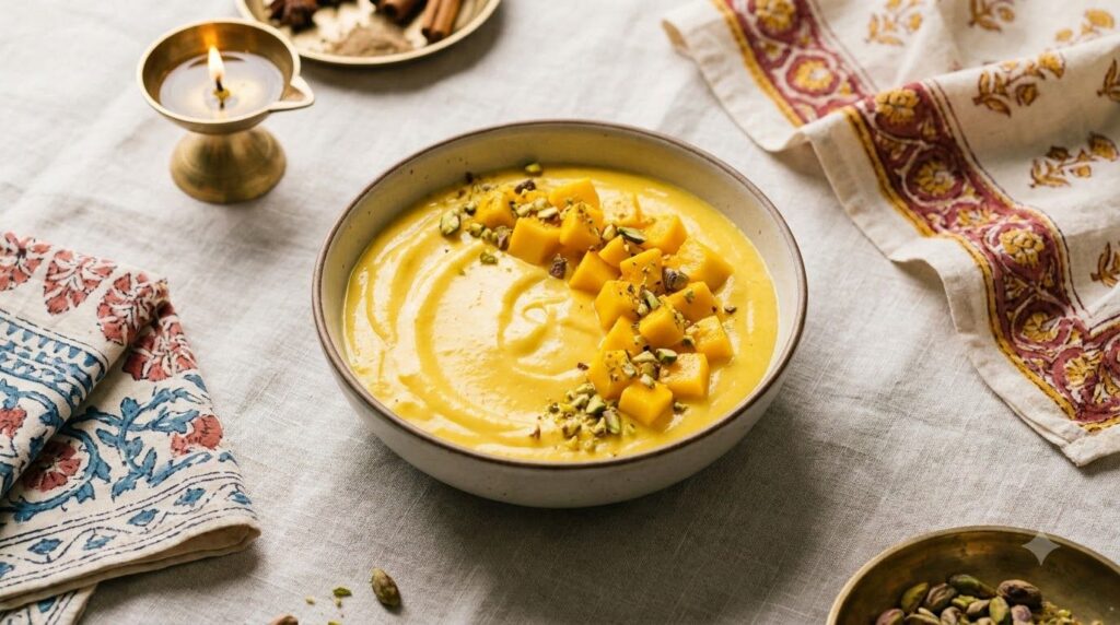 A vibrant yellow mango custard with a hint of green cardamom topped with fresh mango pieces and a sprinkle of crushed pi