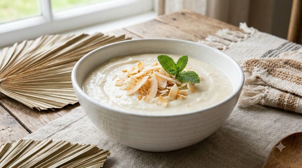 A silky smooth coconut cream custard topped with toasted coconut flakes and a fresh mint leaf served in a small white ce