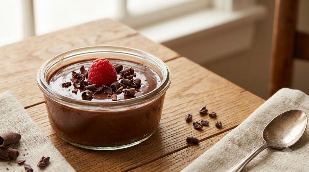 A smooth chocolate custard in a glass ramekin garnished with chocolate shavings and a raspberry