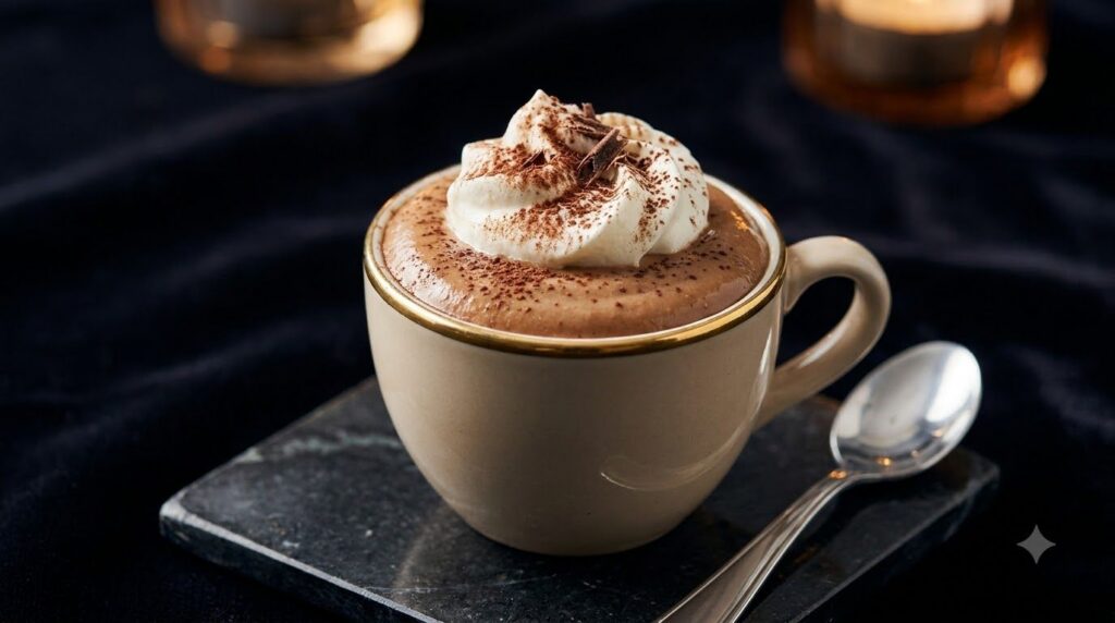 A sophisticated coffee-flavored custard with a hint of chocolate topped with a dollop of whipped cream and a sprinkle of