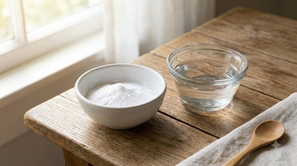 Two small bowls containing baking soda powder and water ready to be mixed