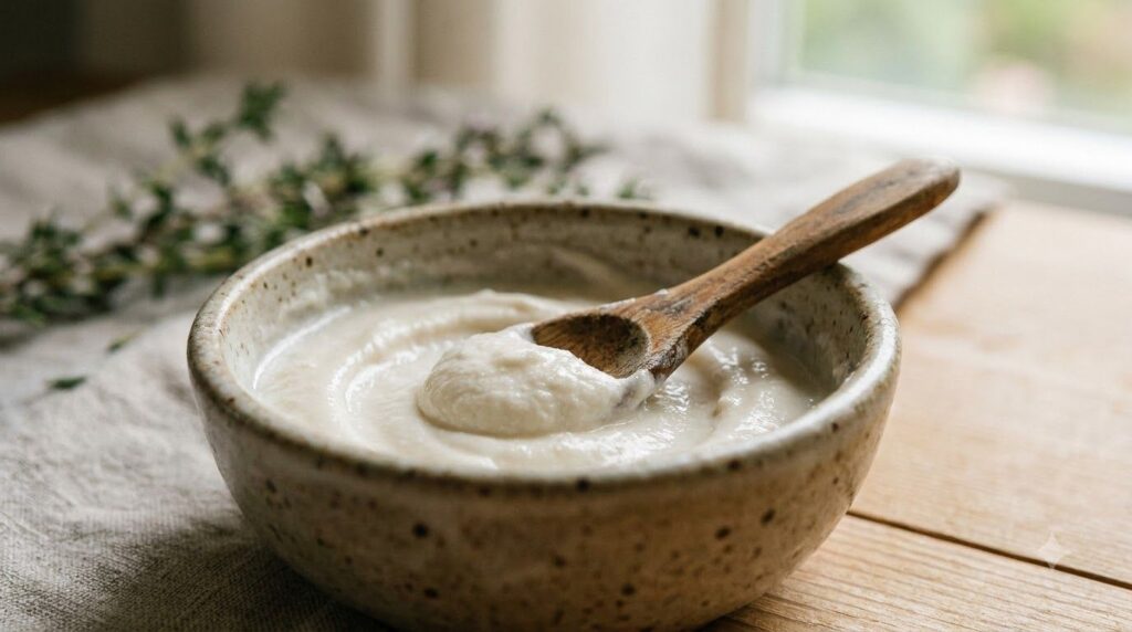 A close-up of a small bowl containing the mixed baking soda paste with a wooden spoon