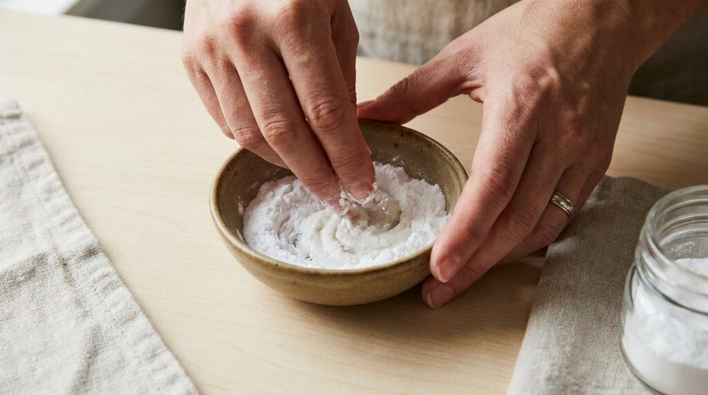 Close up of hands mixing baking soda and water in a small bowl to form a paste