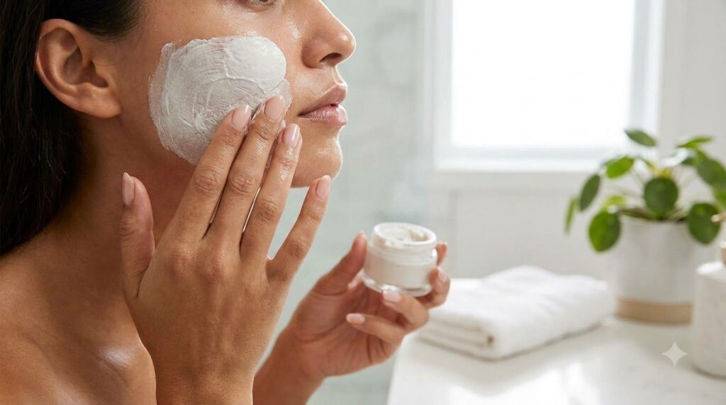 A woman s hands applying a white mask to her face focusing on gentle application and avoiding the eye area