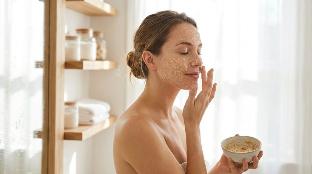 A woman gently applying a homemade face mask to her clean face with her fingertips in a brightly lit bathroom