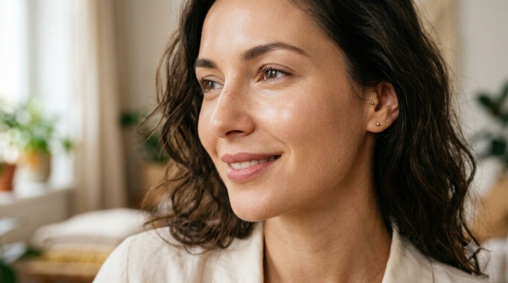 Close-up of a woman s radiant and smooth skin after using a face mask showing a healthy glow
