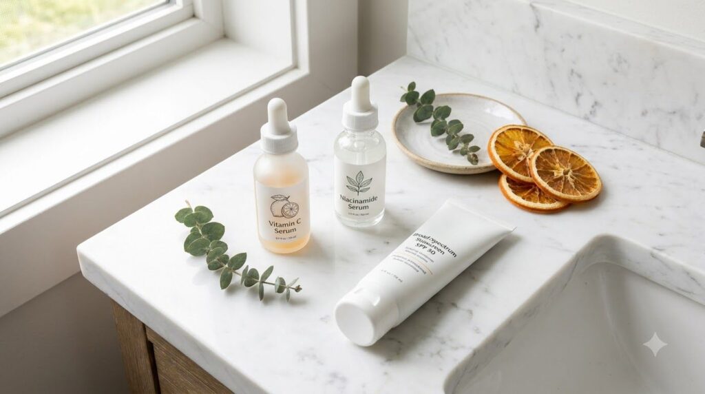A collection of safe skincare products for dark spots including a Vitamin C serum a niacinamide serum and a broad-spectr