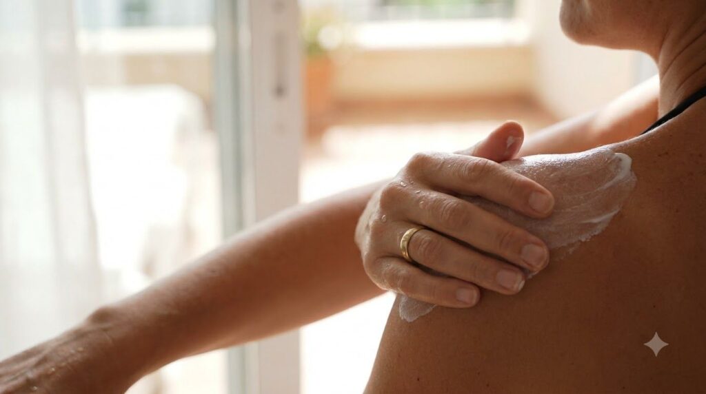 Close-up of a person s hand applying a small amount of sunscreen emphasizing protection against sun damage and a safe ap