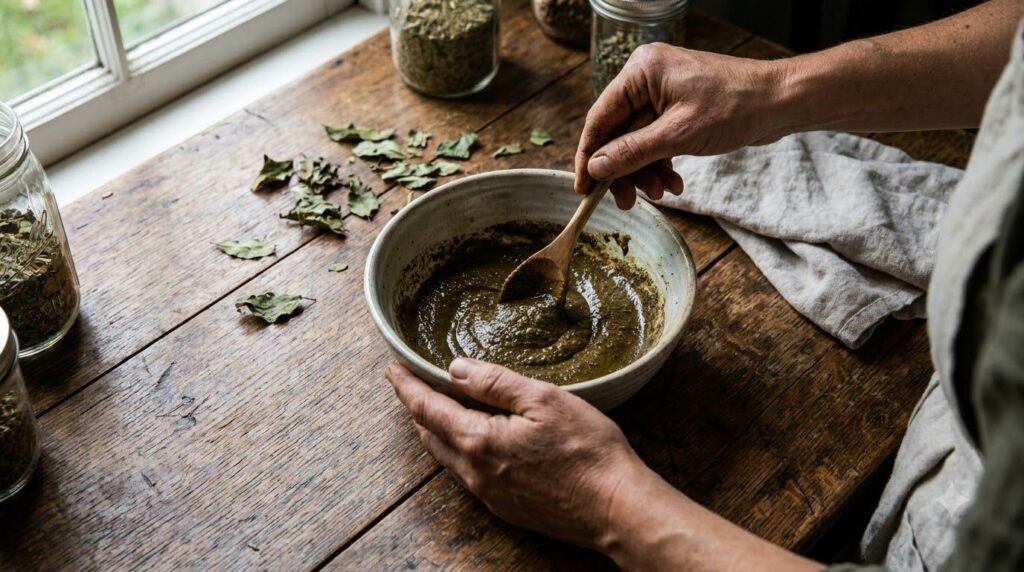 A woman mixing dark powders and liquid in a bowl with a spoon to create an herbal hair paste