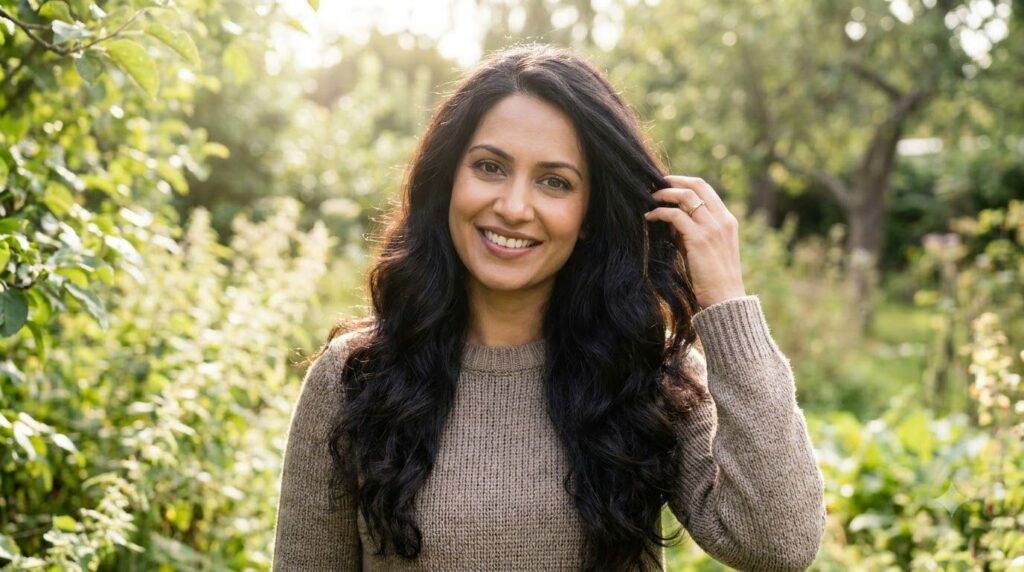 A woman with dark shiny hair smiling confidently indicating healthy vibrant hair after using a natural remedy