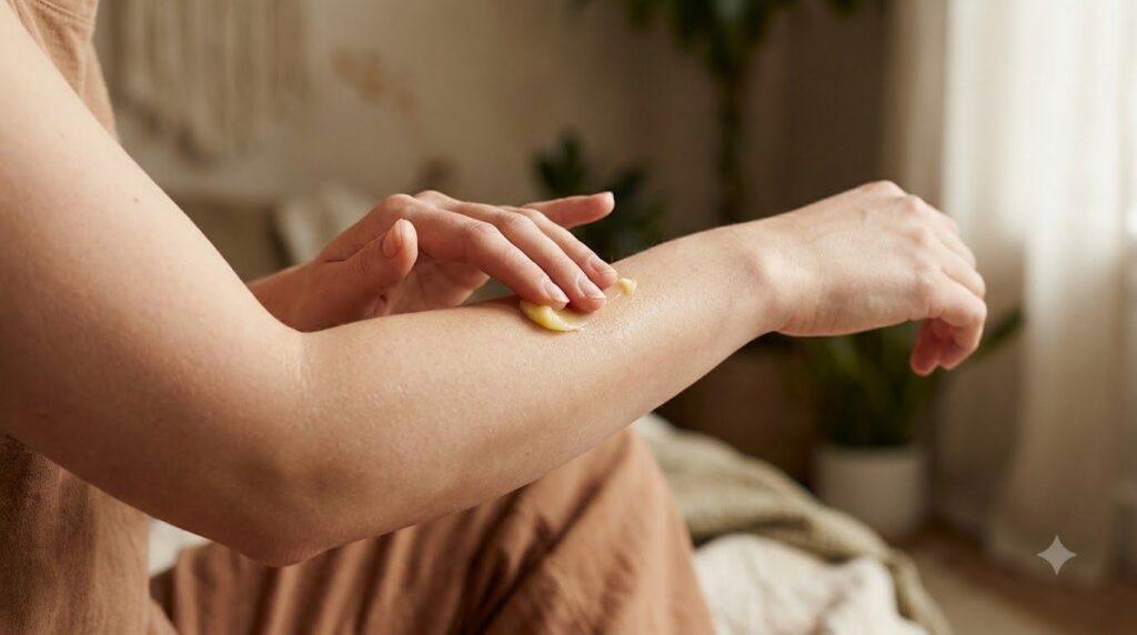 A woman s hand gently applying the yellowish balm to her clean dry skin showing a small amount being massaged in