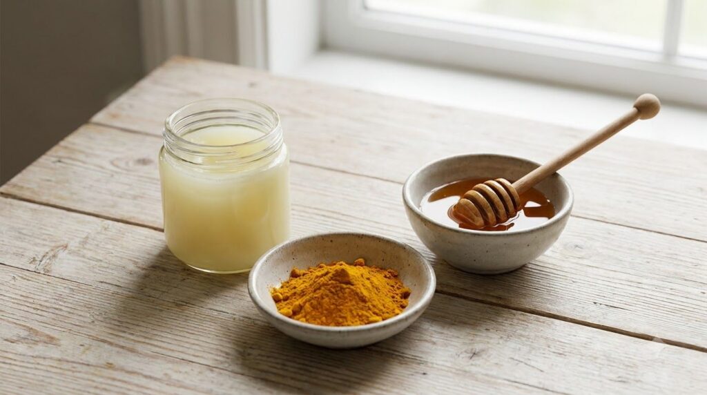 Individual ingredients laid out a jar of petroleum jelly a small bowl of turmeric powder and a small bowl of honey with 