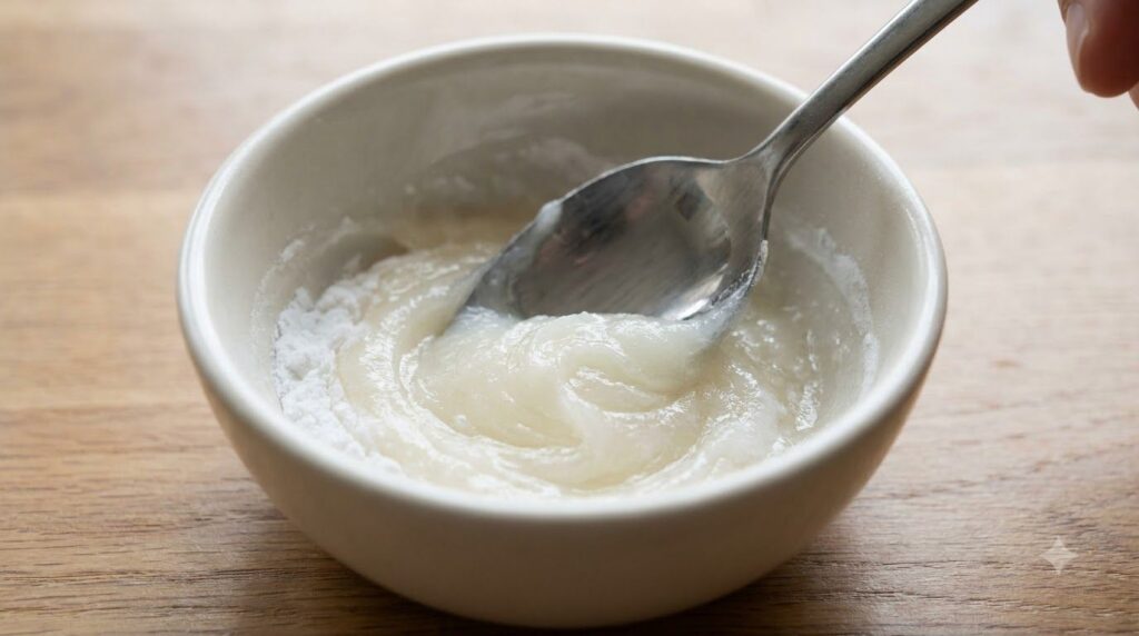 Close-up of a small bowl with petroleum jelly and baking soda being mixed into a smooth white paste using a small spoon
