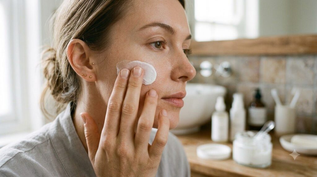 A woman s hand gently applying the white petroleum jelly and baking soda paste to a small area of her cleansed face demo