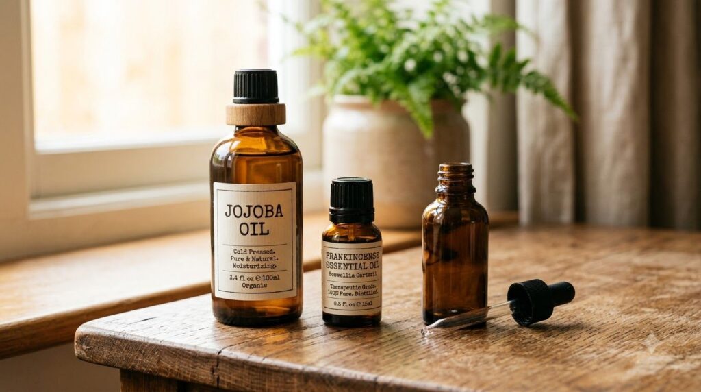 Two small bottles one of jojoba oil and one of frankincense essential oil on a simple wooden surface next to a small amb