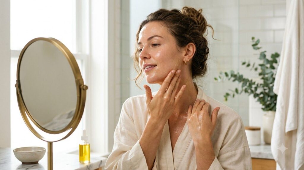 A woman gently massaging a few drops of the homemade oil blend onto her face and neck focusing on upward strokes The lig