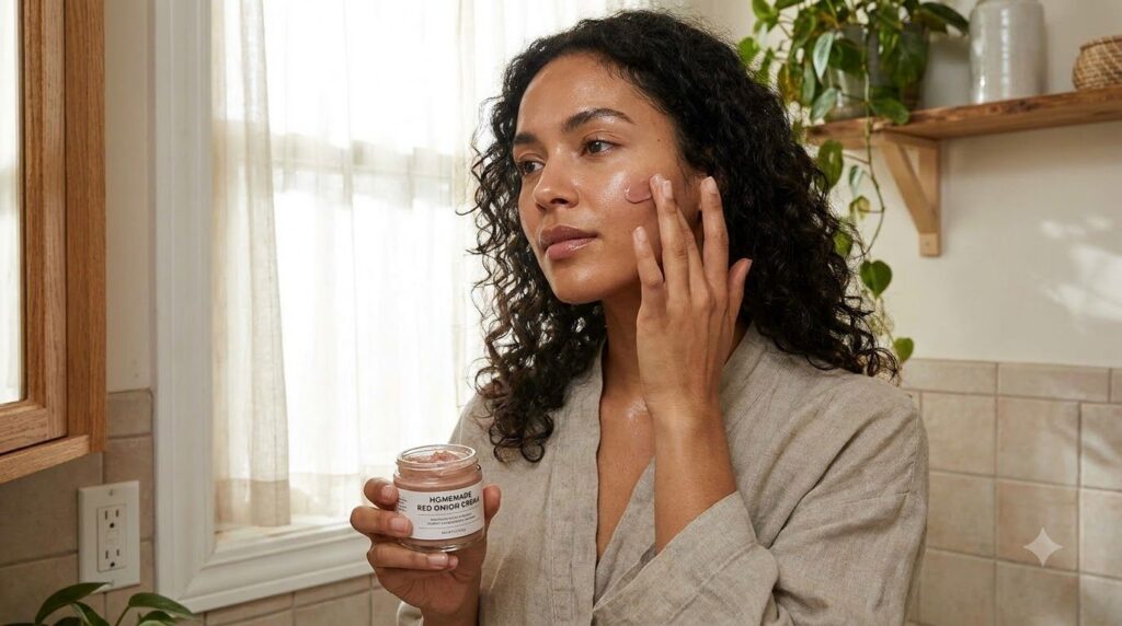 A woman gently applying a small amount of the homemade red onion cream to her cheek with her fingertips showing a natura