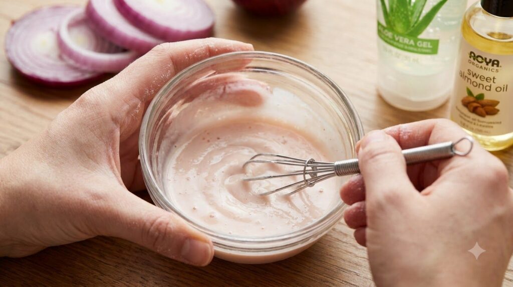 A close-up shot of hands mixing red onion juice aloe vera gel and sweet almond oil in a small glass bowl with a mini whi