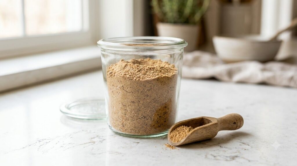 A close-up of a glass jar filled with a fine light brown powder made from ground rice and cloves The jar is sitting on a