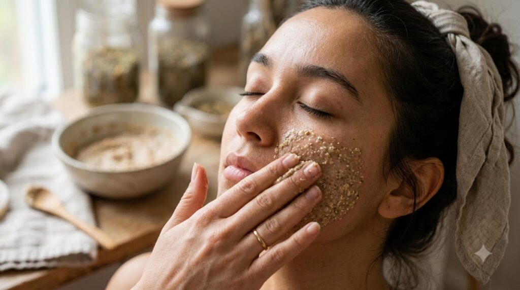 A hand gently massaging a light brown slightly grainy DIY herbal facewash paste onto the cheek of a person showing the g