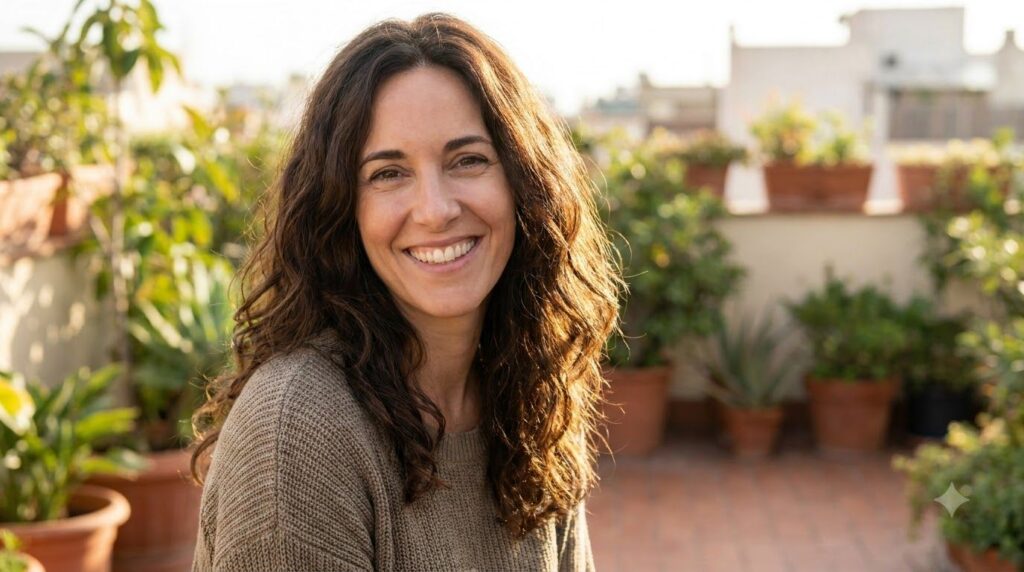 A woman with rich shiny dark brown hair smiling confidently showcasing healthy vibrant locks